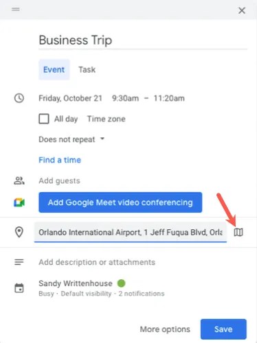 Map icon next to a location for a new event