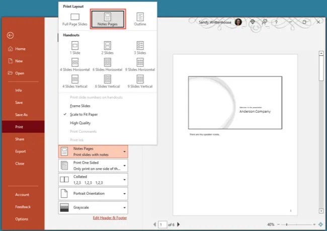 Notes Page in the PowerPoint print layout on Windows