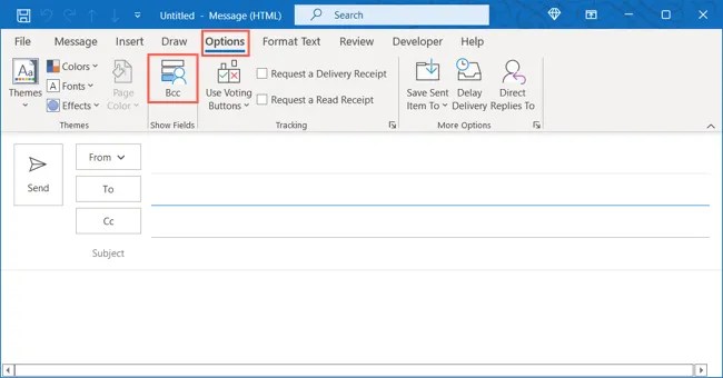 BCC on the Options tab for a new Outlook message on Windows