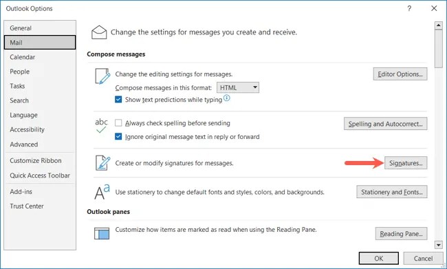 Signature button in the Outlook Mail options