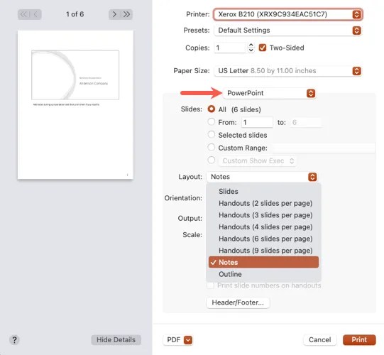 Notes in the PowerPoint print layout on Mac
