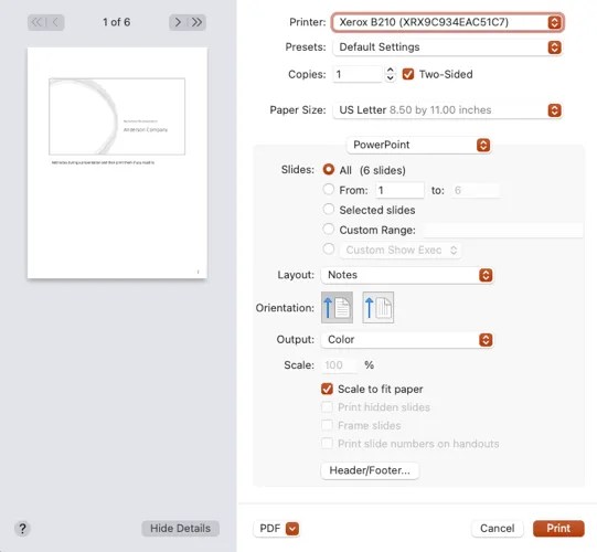 Print settings in PowerPoint on Mac