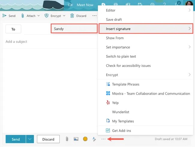 Menu to insert an Outlook signature manually