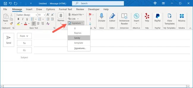 Signature button in the New Compose window ribbon