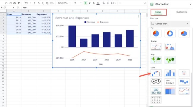 Waterfall chart in the Chart Type menu