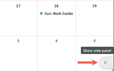 Arrow to Show Side Panel in Google Calendar