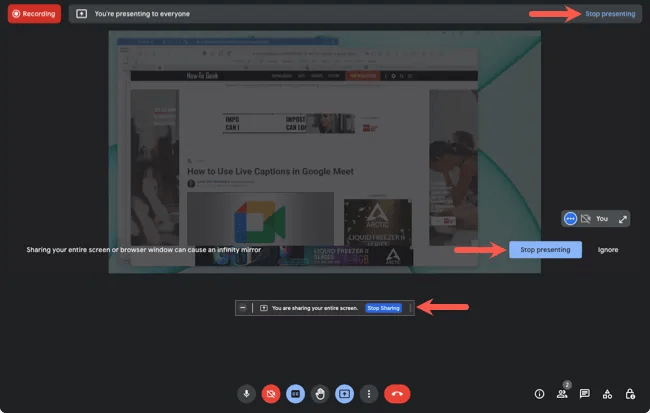 Stop Presenting and Stop Sharing in the Google Meet window