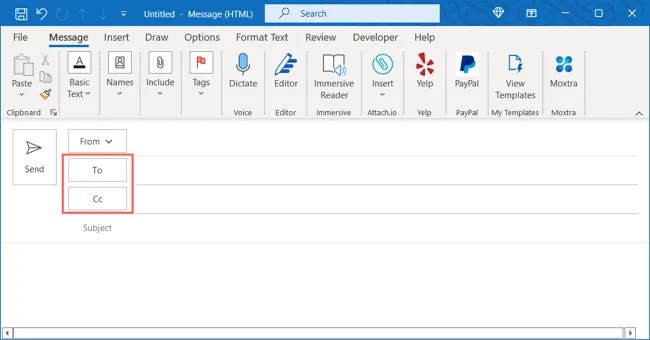 To and CC buttons in an Outlook email