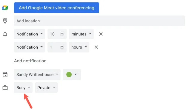 Busy in the availability drop-down box