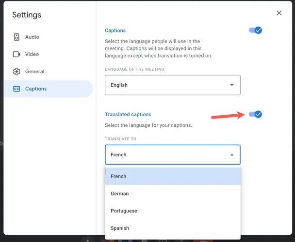 Translated Captions toggle and language selection
