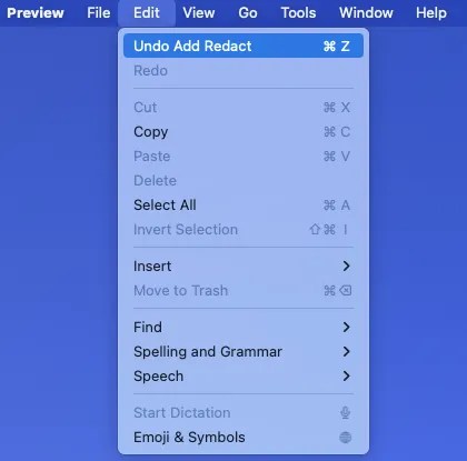 Undo Add Redact in the Preview Edit menu