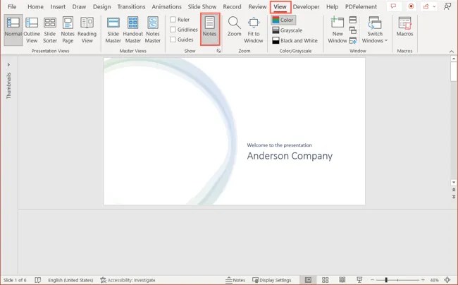 Notes in the ribbon on the View tab