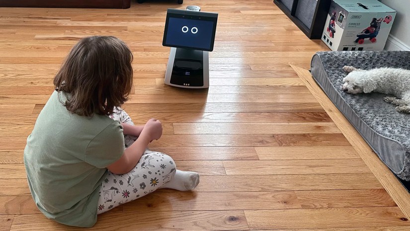 Young girl from behind looking at Amazon Astro; a small dog sleeps in the corner