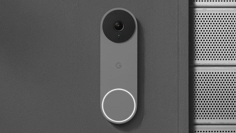 The Nest Doorbell Wired Gen 2 on a gray wall.