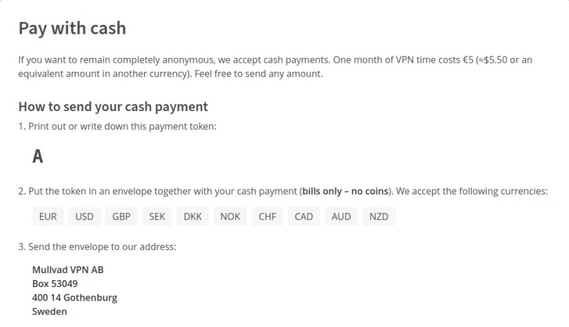 Paying Mullvad with cash