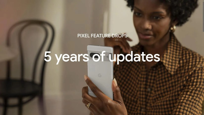 Screenshot from Google presentation that reads &ldquo;Pixel Feature Drops: 5 years of updates.&quot;