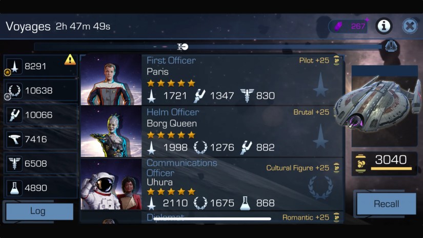 A Voyage mission underway in Star Trek Timelines showing Delta Flyer Paris as first officer, the Borg Queen as navigator, and Trailblazer Uhura as communications officer.