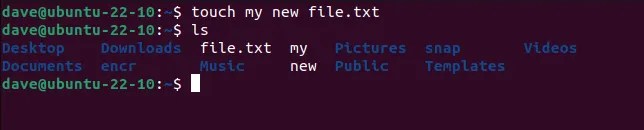 Trying to use touch to create a file with spaces in its name