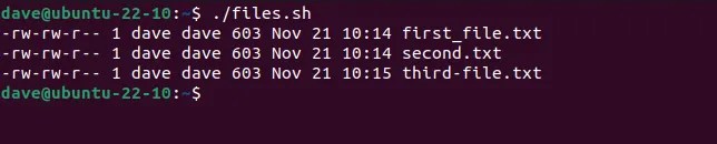 Running the files.sh script with filenames containing no spaces