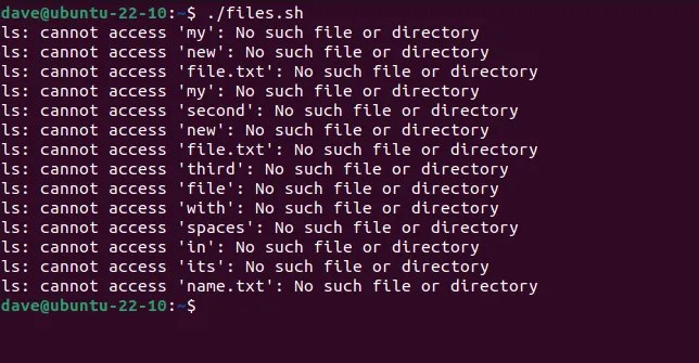 Running the files.sh script with filenames containing spaces