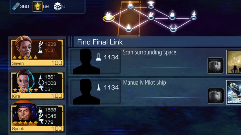 An away team mission in Star Trek Timelines showing Seven of Nine, Commander Kira, and EV Suit Spock