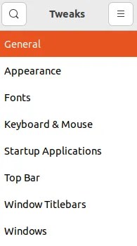The GNOME Tweaks sidebar