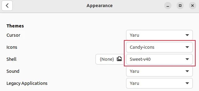 Seleciting the Candy icons and Sweet GNOME shell themes in the GNOME Tweaks tool