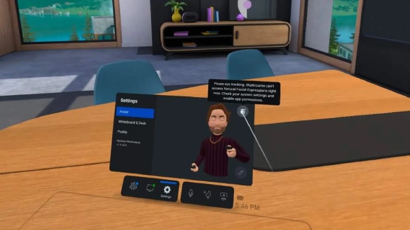 Screenshot showing Workrooms does not support face tracking