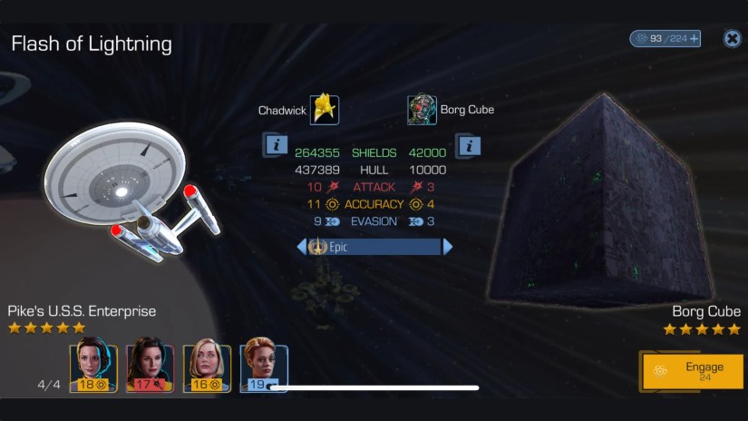 Space Battle flash screen in Star Trek Timelines showing Pike&rsquo;s U.S.S. Enterprise and a Borg Cube