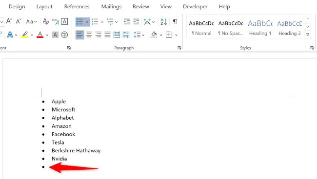 Press Enter to enter a new line in a bullet list.
