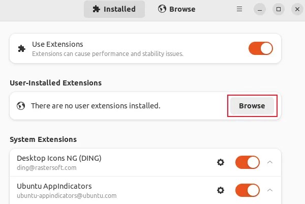 The GNOME Icon manager withthe Browse button highlighted