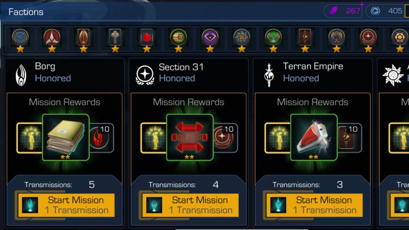 Faction mission selection screen in Star Trek Timelines showing available missions for the Borg, Section 31, and Terran Empire