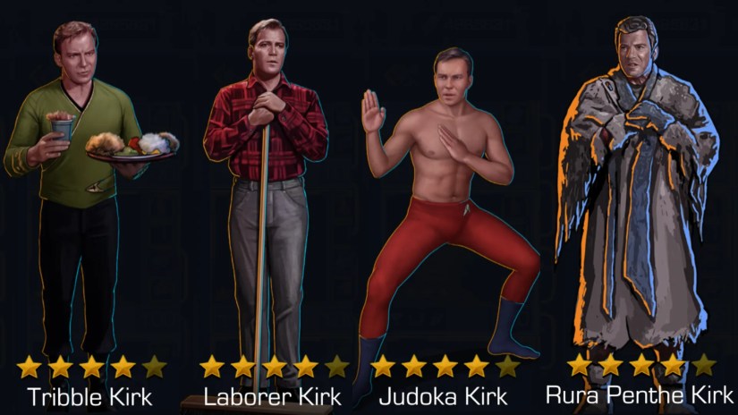Four variations of James T. Kirk from Star Trek Timelines.