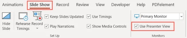 User Presenter View on the Slide Show tab