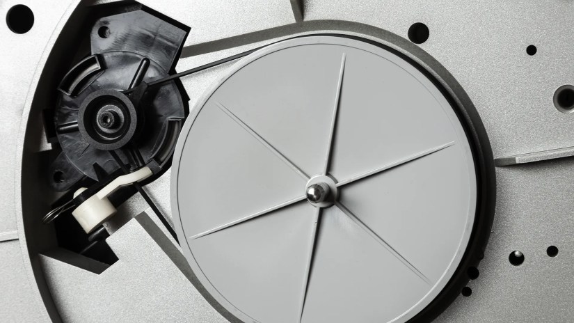 The full belt-drive assembly on a turntable.