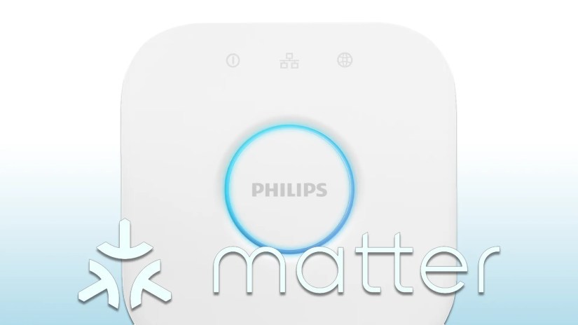 The Philips Hue Bridge with the Matter logo.