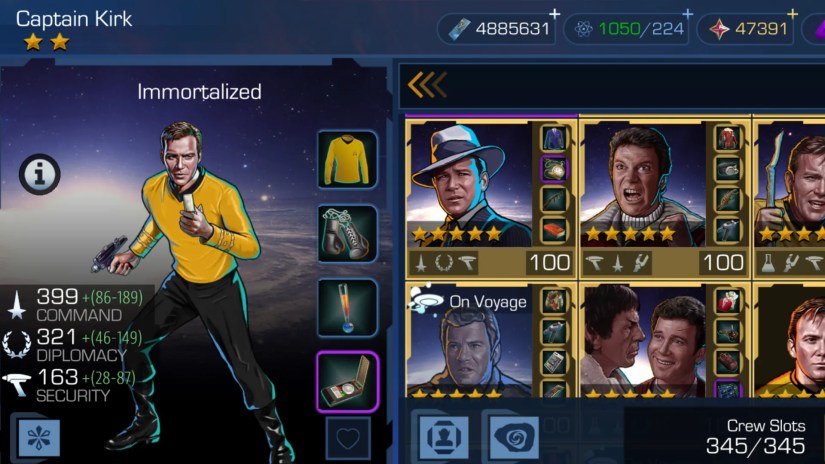 Star Trek Timelines crew quarters screen showing the &quot;Captain Kirk&quot; card
