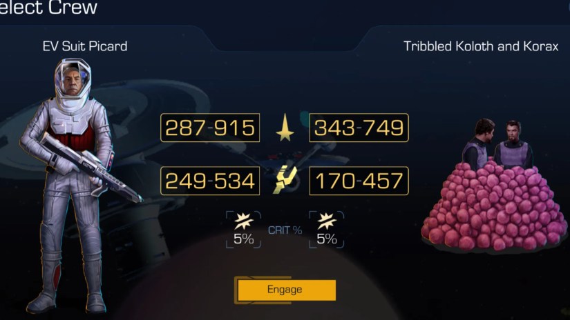The Gauntlet selection screen in Star Trek Timelines showing &quot;EV Suit Picard&quot; and &quot;Tribbled Koloth and Korax&quot;