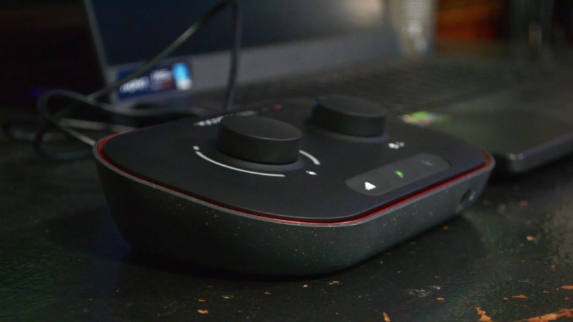 Focusrite Vocaster One plugged into a laptop