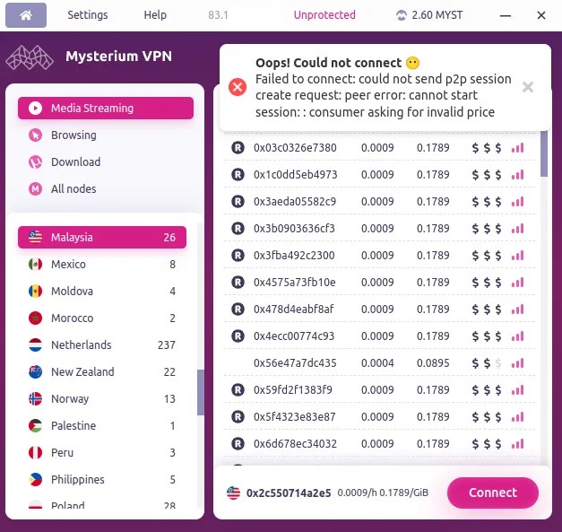 Mysterium displays a failed connection