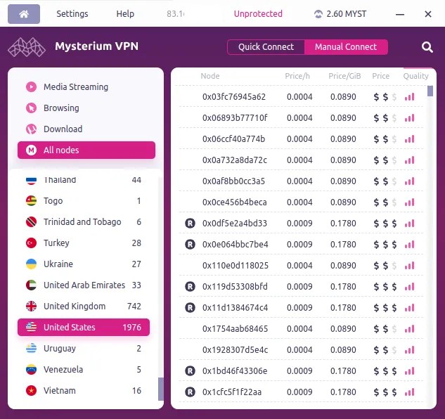 Mytserium VPN&rsquo;s main interface