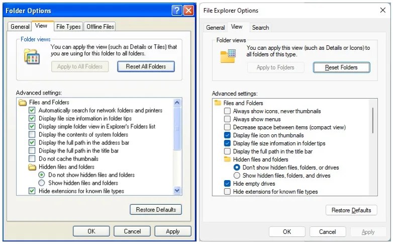Folder Options in Windows XP and Windows 11