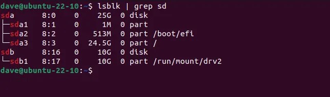 The output of lsblk piped through grep, displaying the hard drives in a computer
