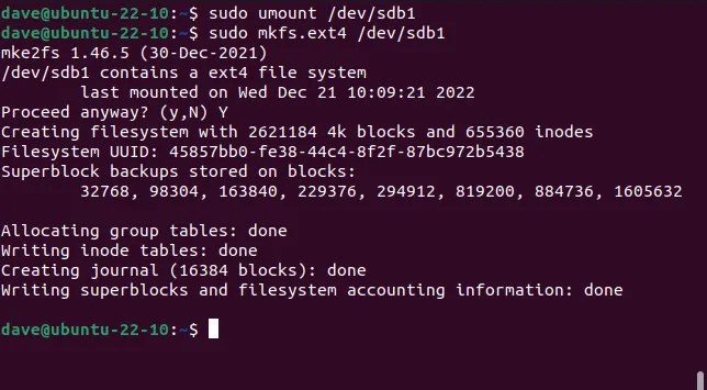 Creating an ext4 file system on a USB memory stick