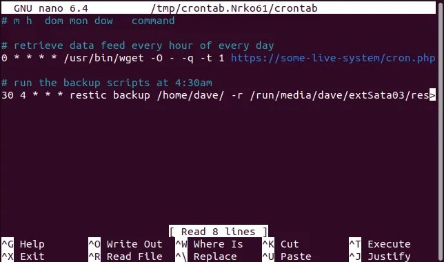 A crontab file opened in an editor
