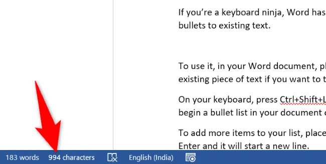 Character count in Word&rsquo;s status bar.