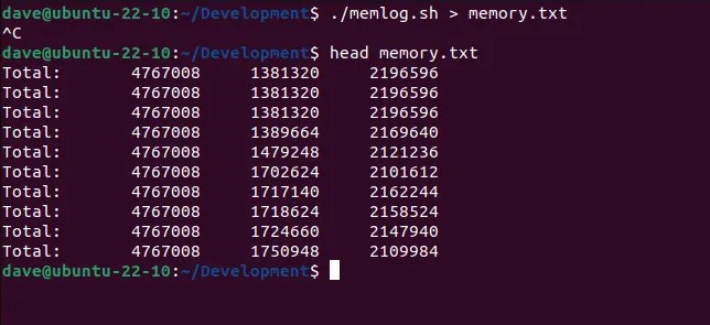 Capturing and displaying the output from the memlog.sh script