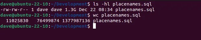 Checking the size of a file with ls and wc