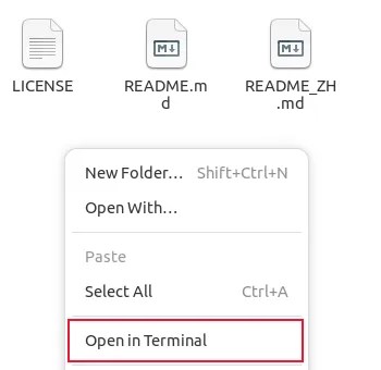 Right-click context menu with &ldquo;open in Terminal&rdquo; option highlighted