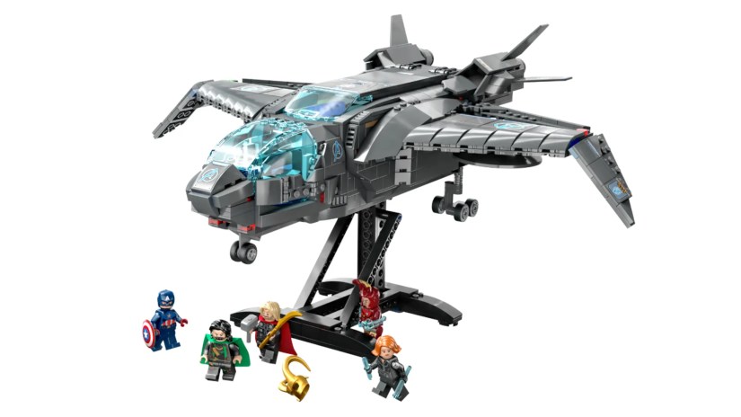 A LEGO model of The Avengers Quinjet sits on a white background.